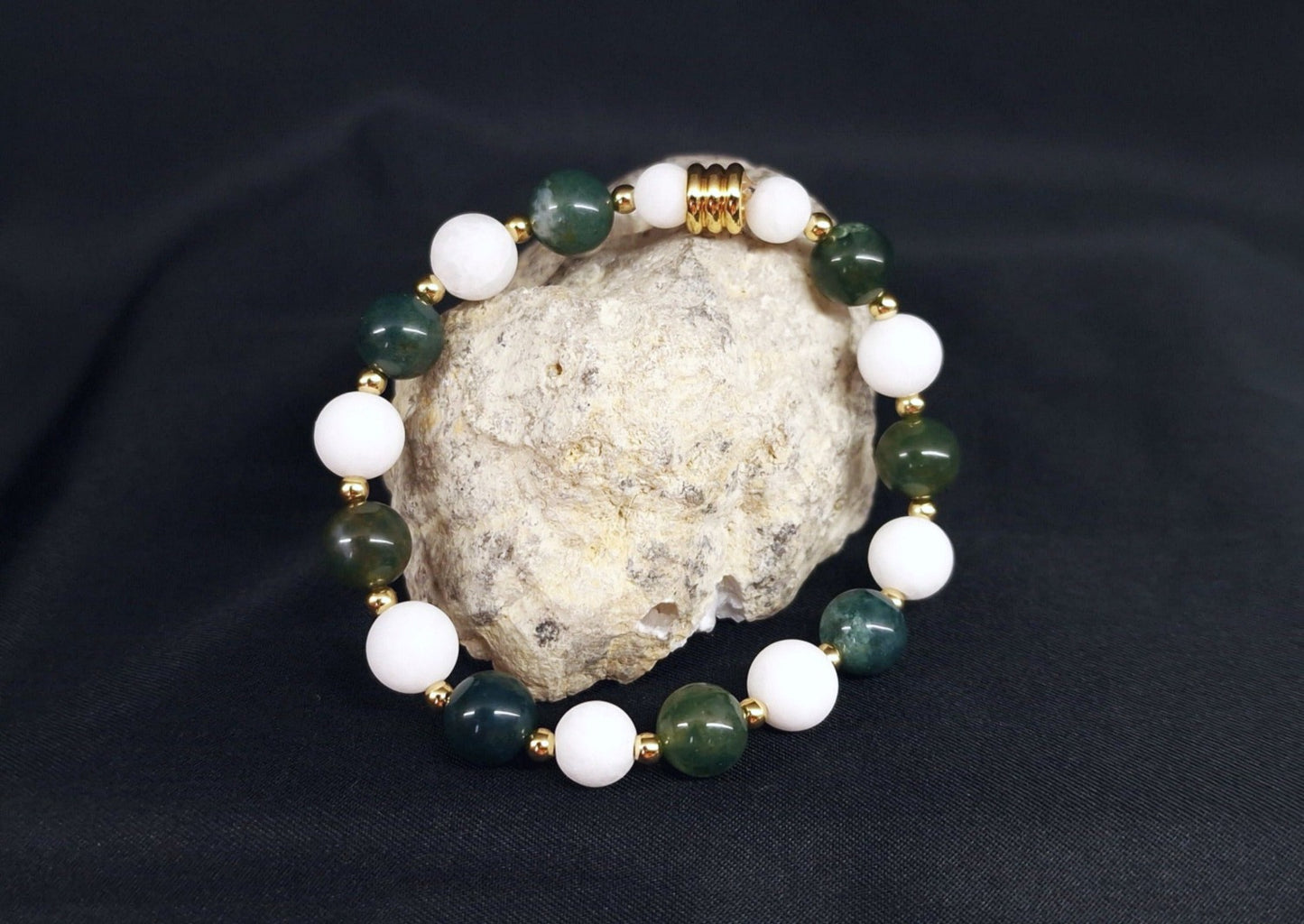 Bracelet de Cohérence® - Agate mousse, Or, Jade blanche,