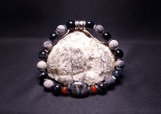 Bracelet de Cohérence® - Labradorite noire, Jaspe picasso, Obsidienne, Hématite, Cornaline