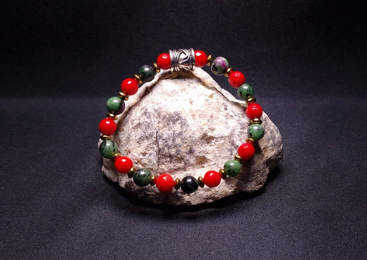 Cohérence® Children's Bracelet - Ruby Zoisite, Tinted Sea Bamboo, Faceted Golden Hematite, Snowflake Obsidian 