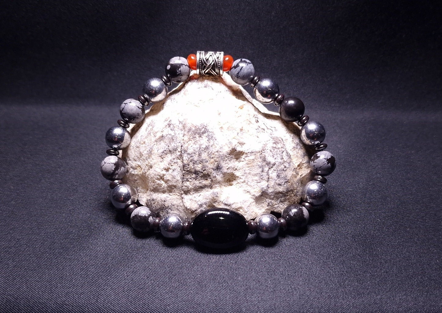Bracelet de Cohérence® - Onyx noire, Hématite argentée, Obsidienne flocon de neige, Cornaline