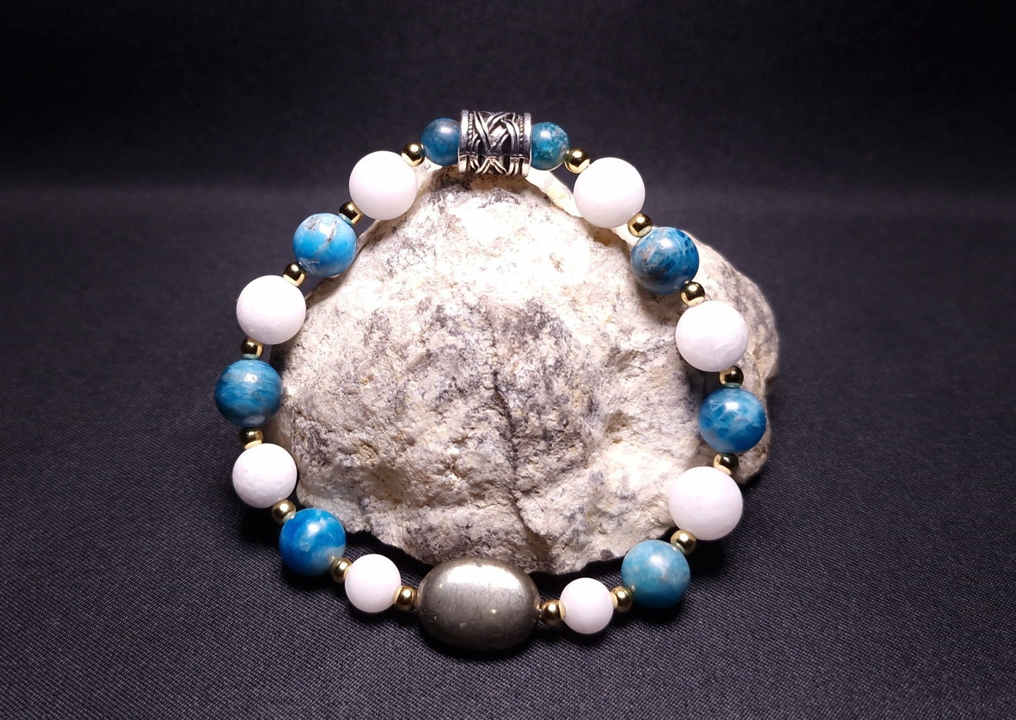 Bracelet de Cohérence® - Pyrite, Or, Apatite bleue, Jade blanche